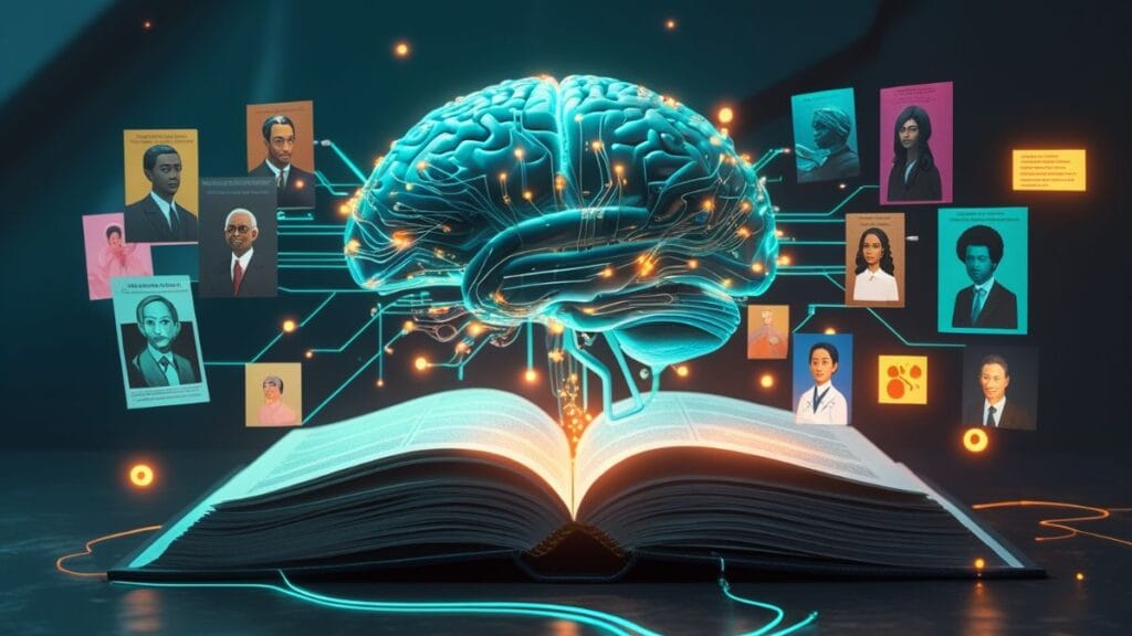 AI neural network brain with policy documents and diverse symbols, glowing circuits, Studio Ghibli-inspired landscape