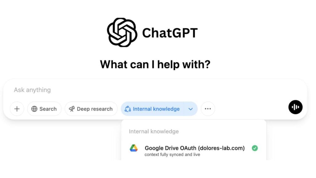 ChatGPT interface showing integration with company documents and search functionality