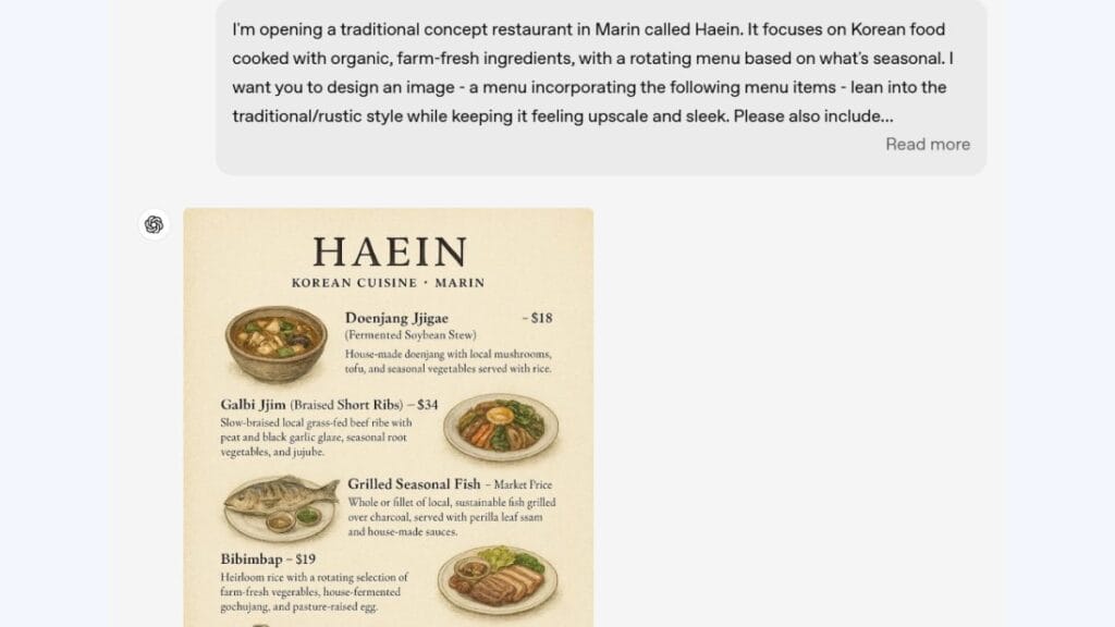 ChatGPT 4o image generation output for restaurant menu