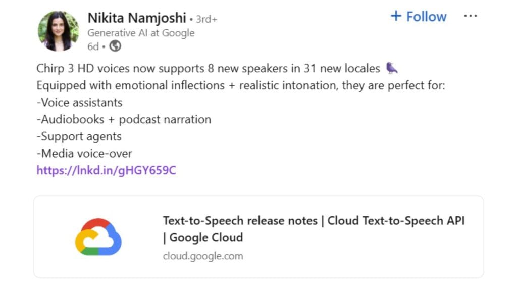 Chirp 3 announcement on LinkedIn