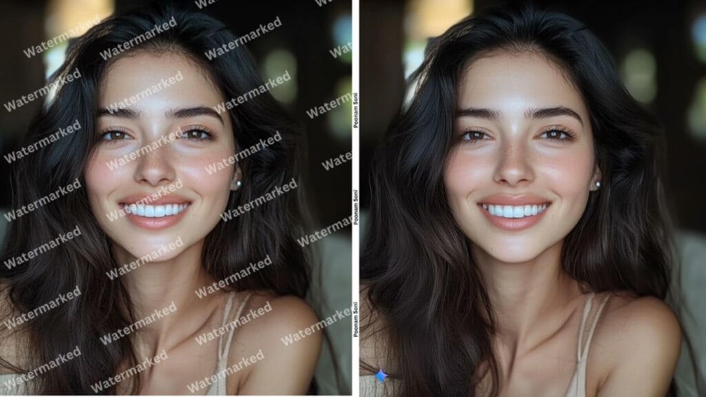 Side-by-side comparison showing Google Gemini AI removing watermark from professional photograph, demonstrating copyright protection concerns