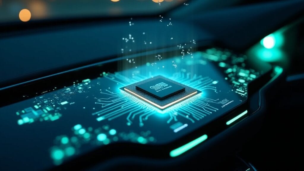 NVIDIA AI processor integrated into futuristic autonomous vehicle dashboard with holographic controls