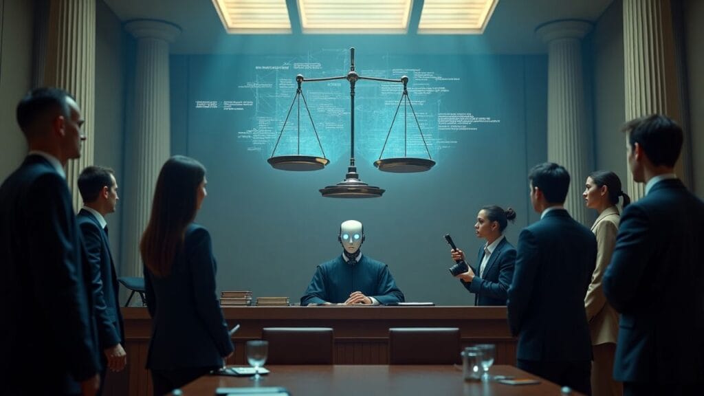 AI copyright battle courtroom scene with creators and tech executives facing off before robotic judge with digital scale of justice