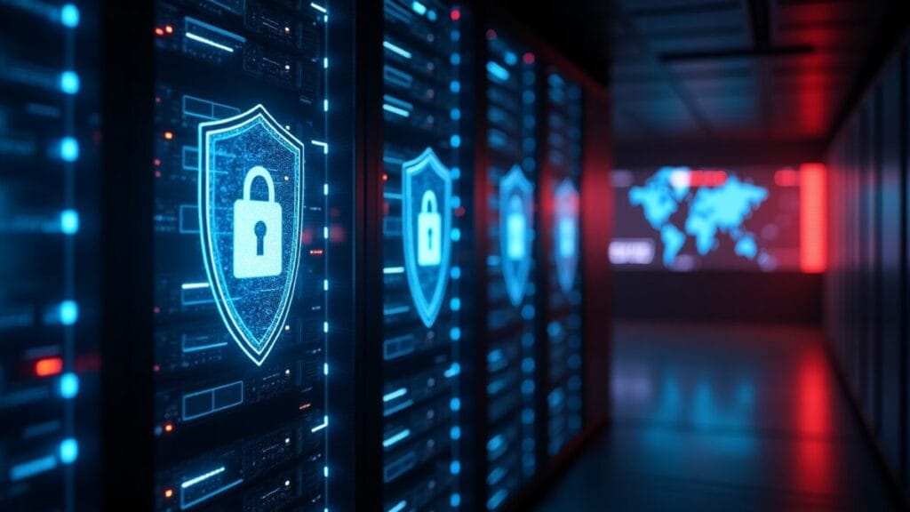 A futuristic Microsoft Security Copilot AI -driven security system protecting digital servers with glowing shields and holographic cyber defense mechanisms.
