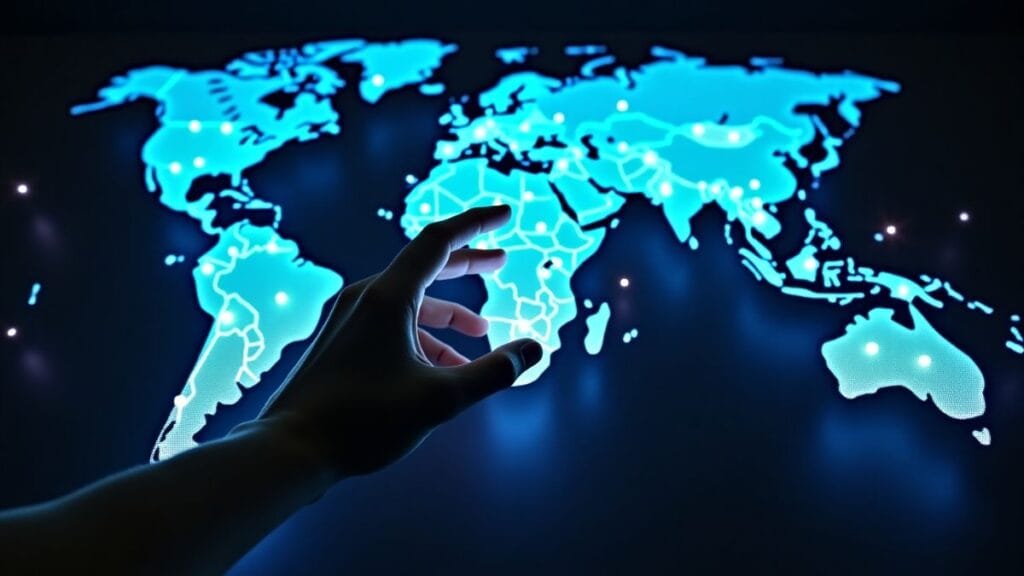Three-tier AI diffusion strategy illustrated as a global digital chess board with connected democratic nations and isolated authoritarian states