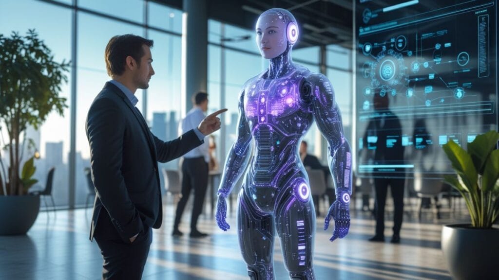 Photorealistic AI agent as holographic figure collaborating with business professional in modern office environment