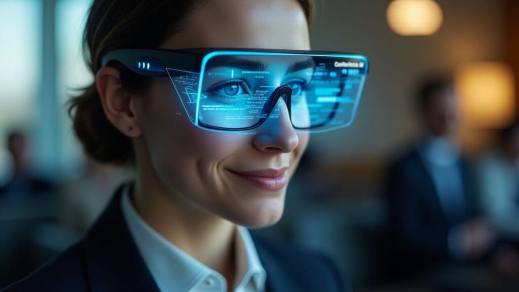 Professional wearing futuristic AR glasses with AI assistance interface during high-stakes business meeting