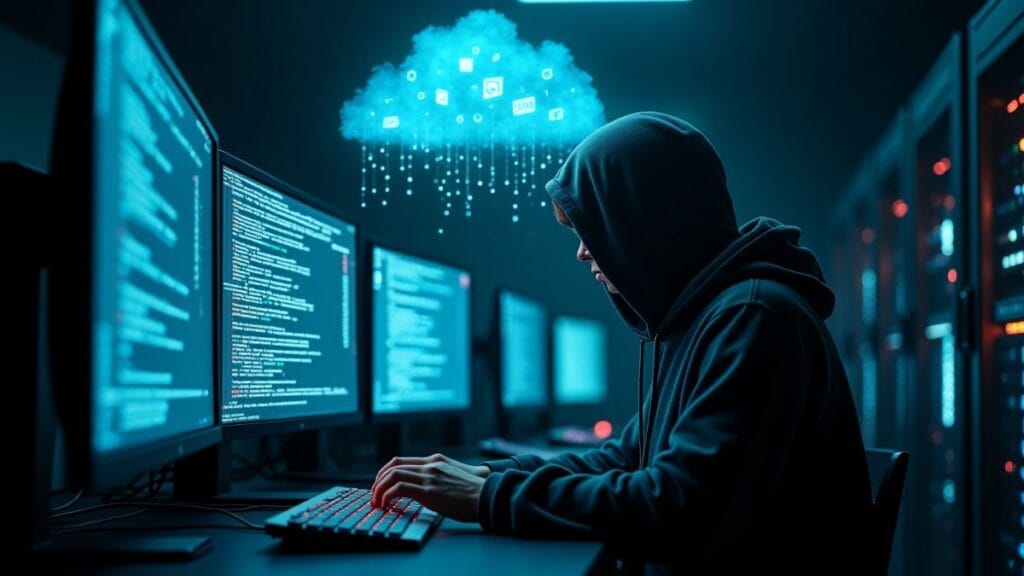 AI security breach showing hacker using artificial intelligence to orchestrate cyberattacks and social media manipulation
