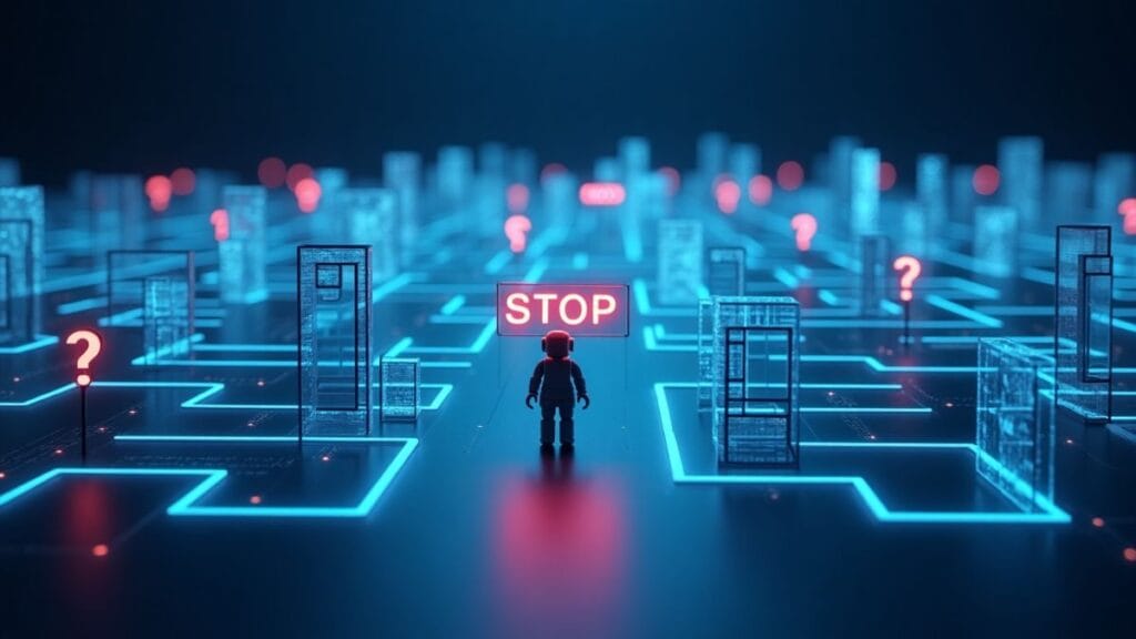 AI boundaries visualization showing digital maze with blocked pathways representing content limitations and censorship in language models