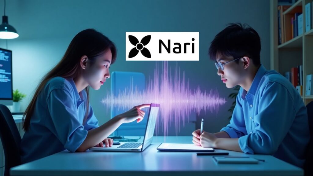 Two Korean university students creating Dia AI speech synthesis model with holographic audio waveform visualization