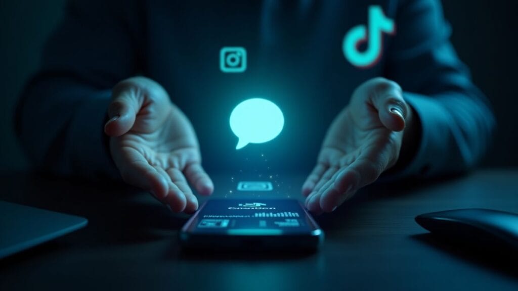 Human hands reaching toward glowing ChatGPT hologram above smartphone displaying download statistics, as Instagram and TikTok logos fade into background