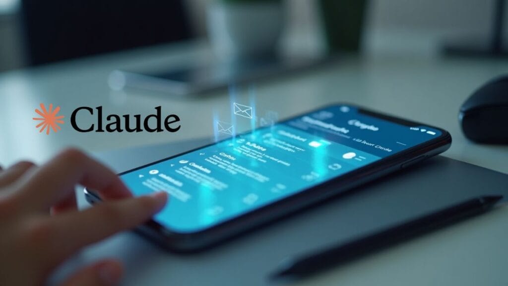 AI assistant Claude analyzing Gmail inbox on smartphone with blue interface overlay