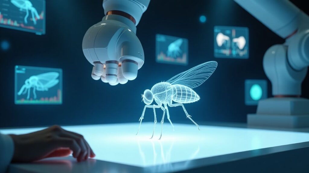 AI-powered virtual fruit fly simulation showing holographic model with neural network overlay and motion data visualizations