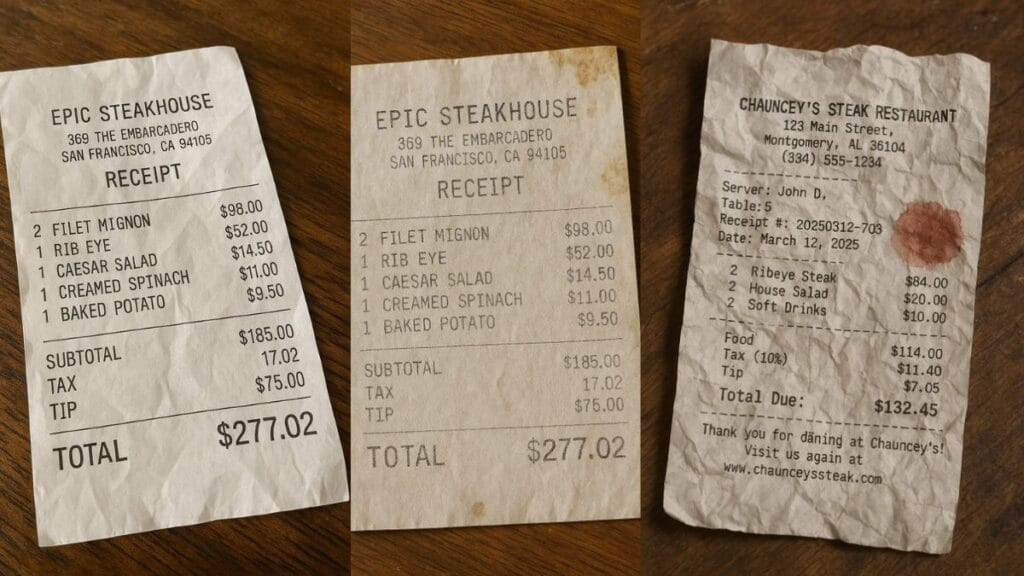 Hand comparing AI-generated fake receipt on smartphone with real crumpled receipt