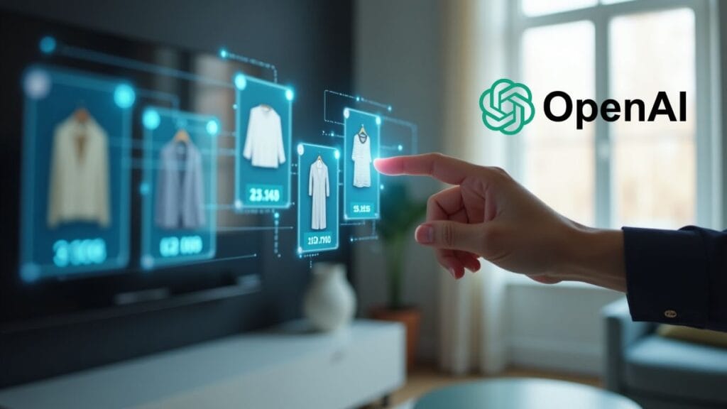 Hand interacting with AI-powered ChatGPT shopping interface showing product recommendations in holographic display