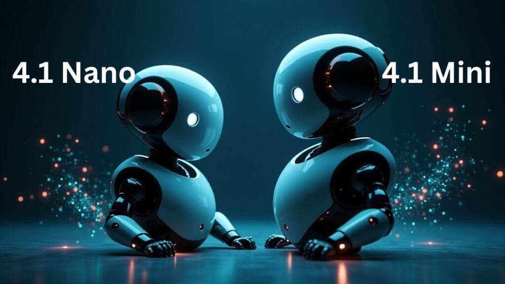 Two advanced AI agent robots representing GPT-4.1 Mini and Nano models processing information at different speeds with performance metrics displayed