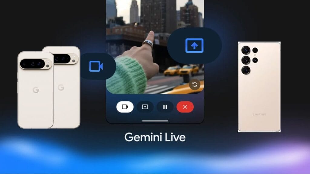 Gemini Live visual AI conversation showing phone camera and screen sharing features