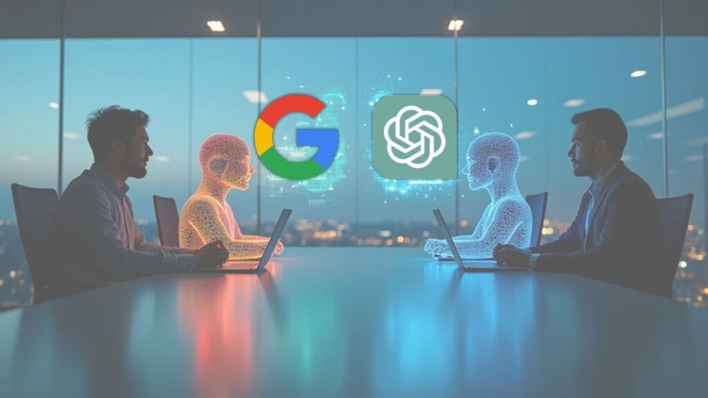 Gemini 2.5 Pro versus ChatGPT-o3 AI systems represented as opposing neural networks with business analytics holograms between them in a futuristic boardroom