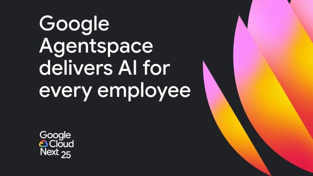 Google Agentspace AI agents collaborating in holographic workspace with seamless data exchange between specialized enterprise agents