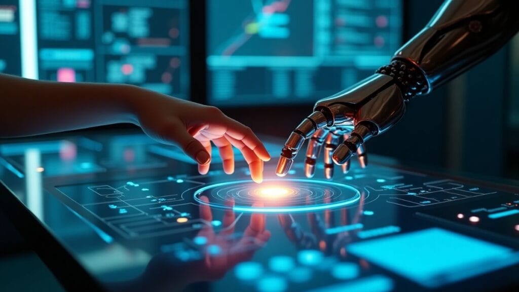 Human hand and AI robotic hand sharing control at futuristic interface panel representing balanced oversight in artificial intelligence systems
