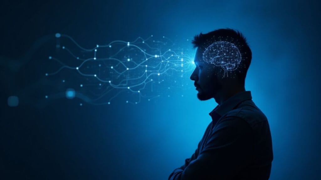 Human silhouette adapting to artificial intelligence with neural patterns showing psychological transformation