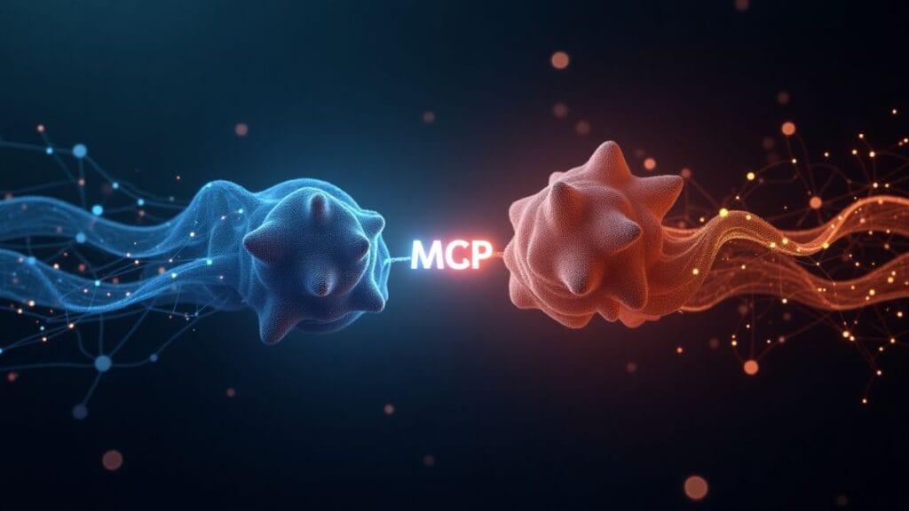 Model Context Protocol MCP connecting neural networks representing Google and OpenAI's AI systems through standardized interface