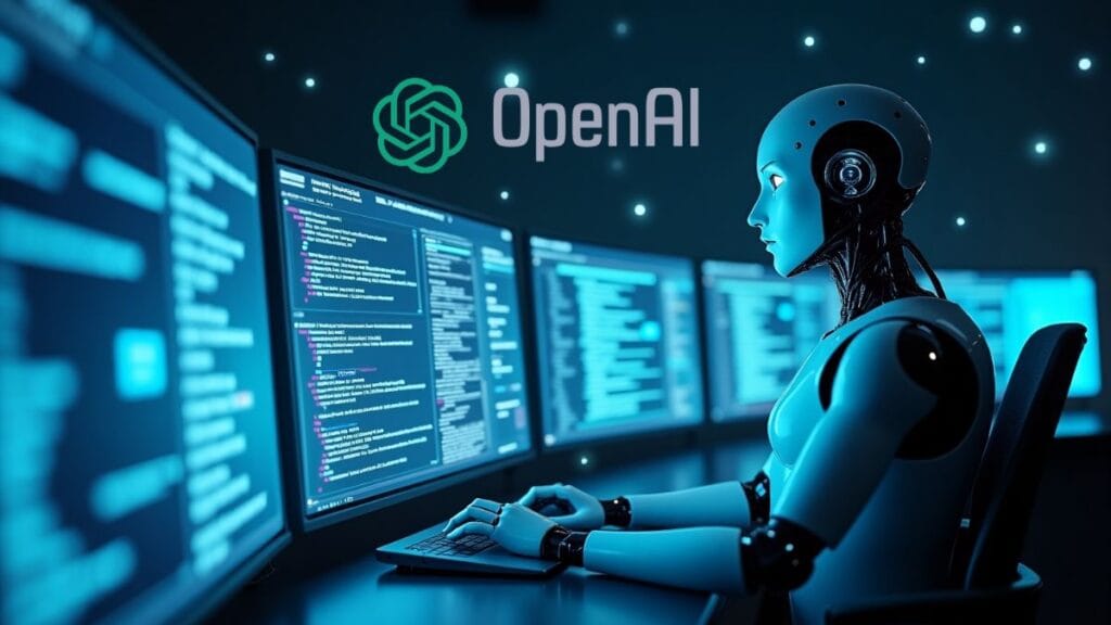 Advanced AI agent robot analyzing multiple data streams and making autonomous decisions using OpenAI o3 technology