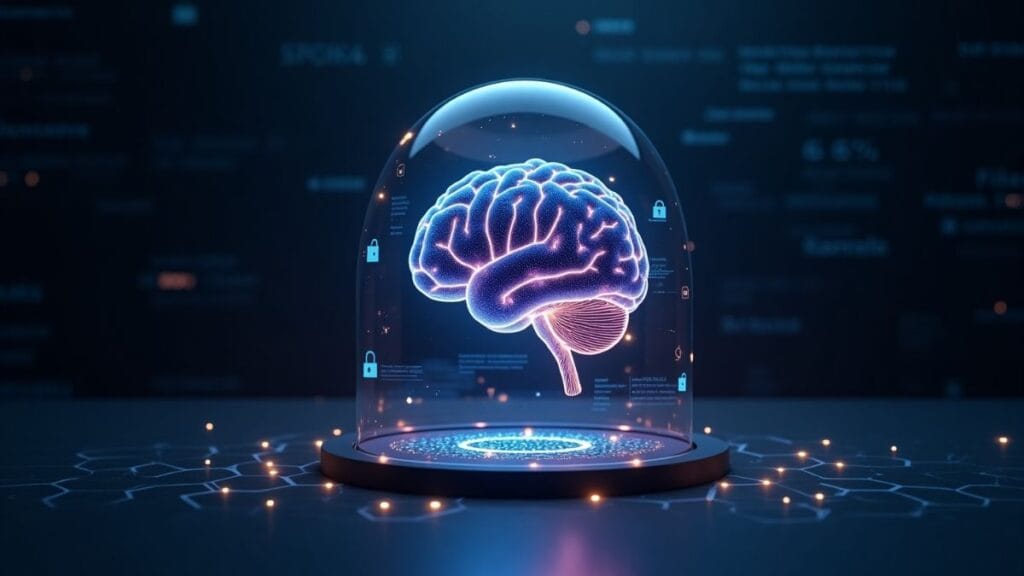 Google DeepMind AGI safety implementation visualization with neural network brain protected by security system