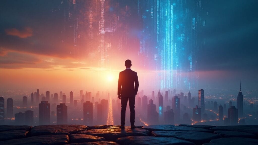 Timeline to superhuman artificial intelligence showing human silhouette observing neural network cityscape transformation from 2025 to 2027