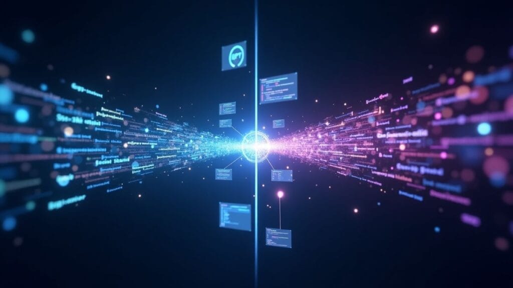 GPT-4.1 vs Claude 3.7 Sonnet coding AI assistants comparison with flowing code between blue and purple interfaces