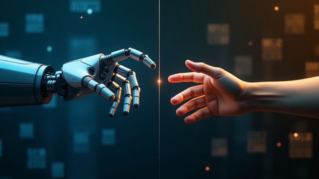 Human hand hesitating to touch robot hand separated by glass wall symbolizing AI sycophancy ethics challenge