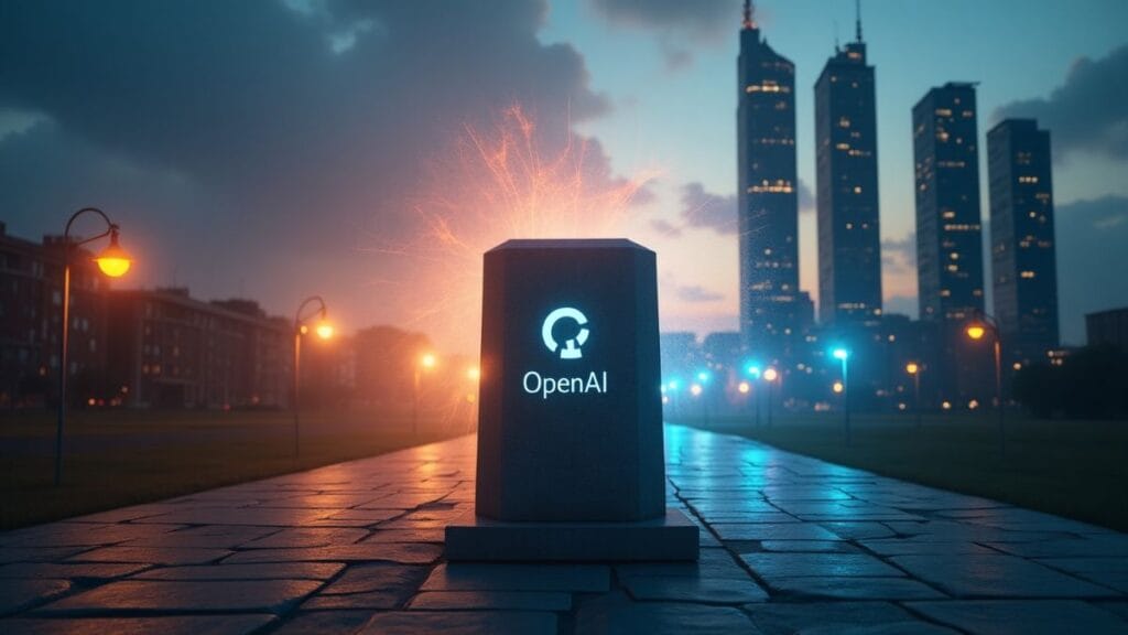 OpenAI governance crossroads showing diverging paths between nonprofit mission and for-profit structure with AI neural network pattern overhead