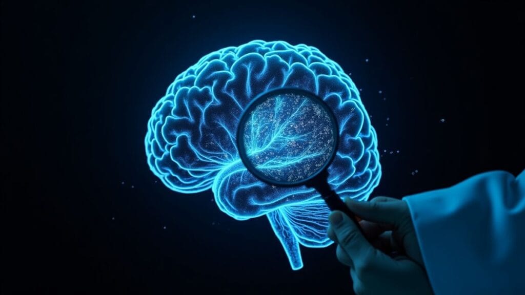 Brain made of digital circuits being examined through magnifying glass revealing organized AI neural pathways