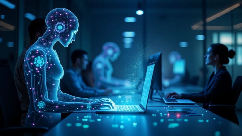 Futuristic AI agent as luminous digital entity processing data in neural network environment working alongside human silhouettes