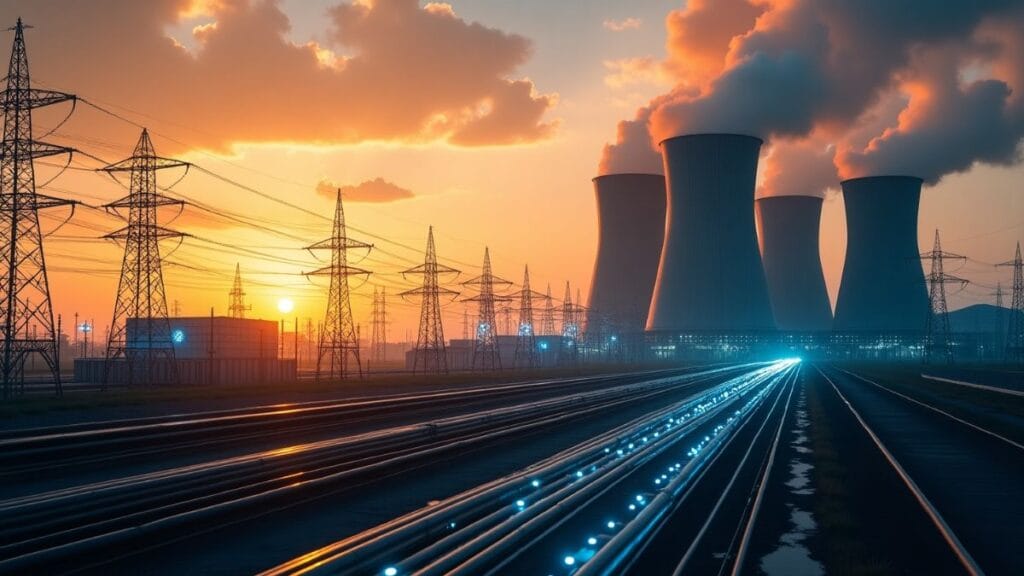 Massive AI data center facility with cooling towers and fiber optic cables at sunset representing America's AI infrastructure race