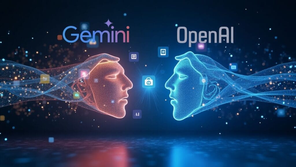 Gemini 2.5 Pro vs GPT-5 AI platforms visual comparison showing neural networks and capabilities in 2025