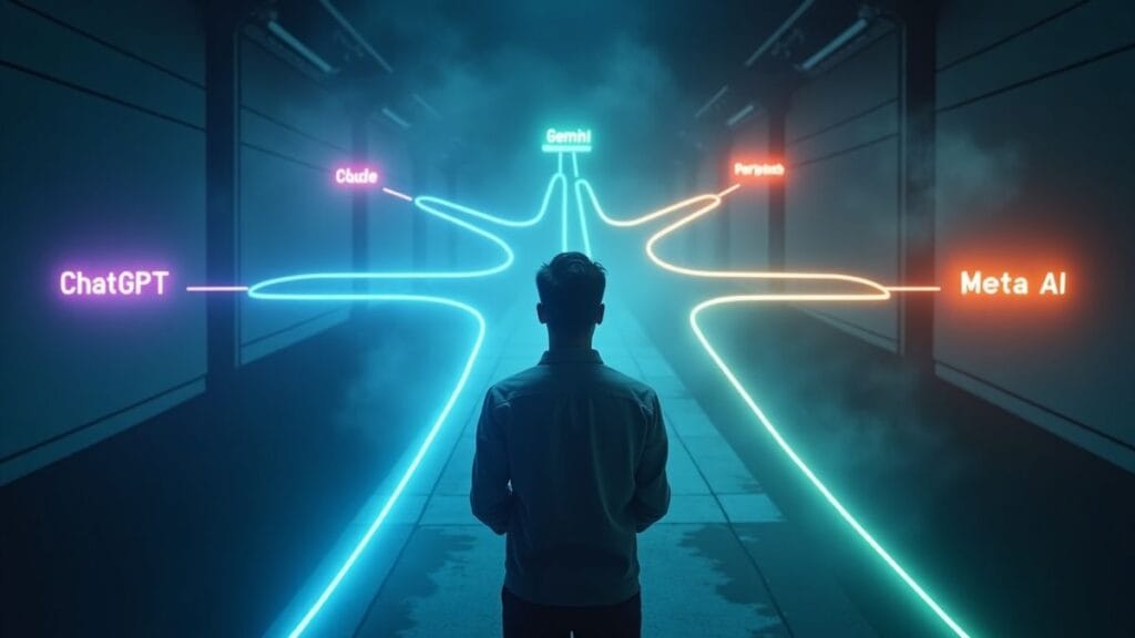 Professional choosing between AI assistant pathways for optimal workflow solutions