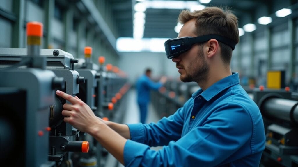 Professional technician wearing Android XR smart glasses inspecting industrial equipment in modern factory
