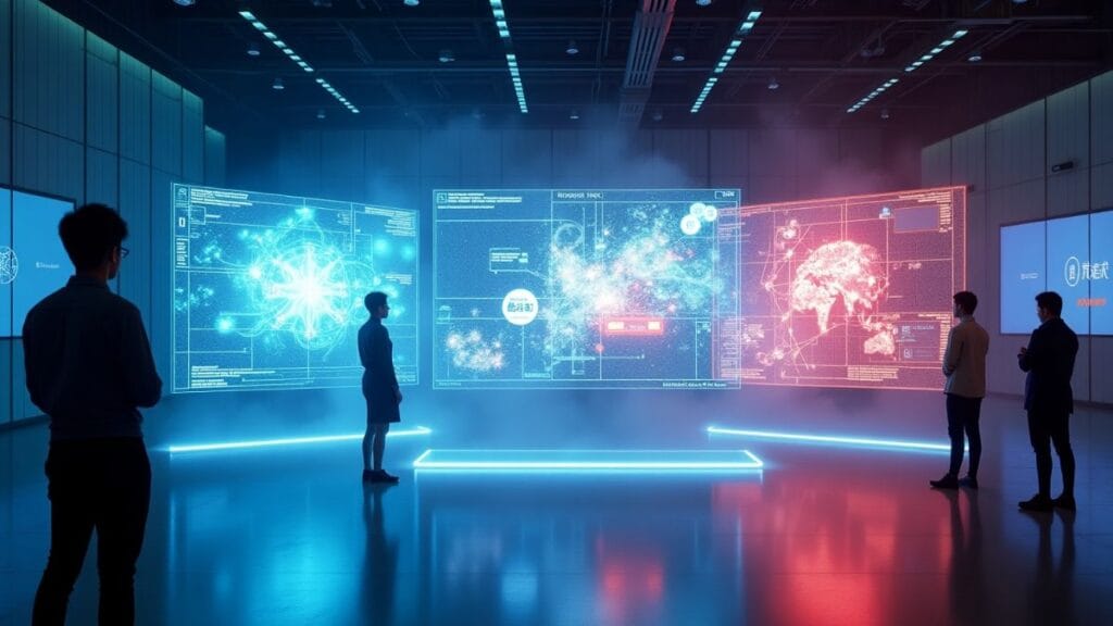 Chinese AI technology breakthroughs from Tencent, Alibaba, and ByteDance visualized as futuristic holographic displays in innovation center