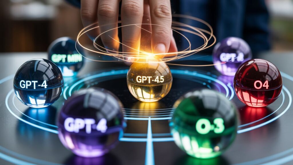 Strategic AI model selection showing different ChatGPT models as glowing orbs with human hand choosing the right model for business tasks