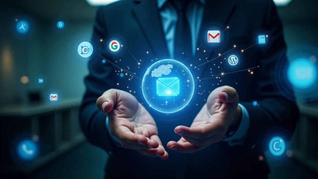 Claude AI assistant integrating with multiple business apps through MCP technology showing holographic connections