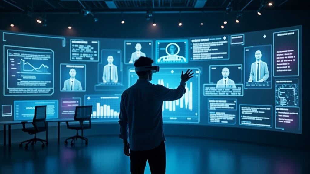 AI agent orchestrator managing holographic displays with multiple AI systems in futuristic command center