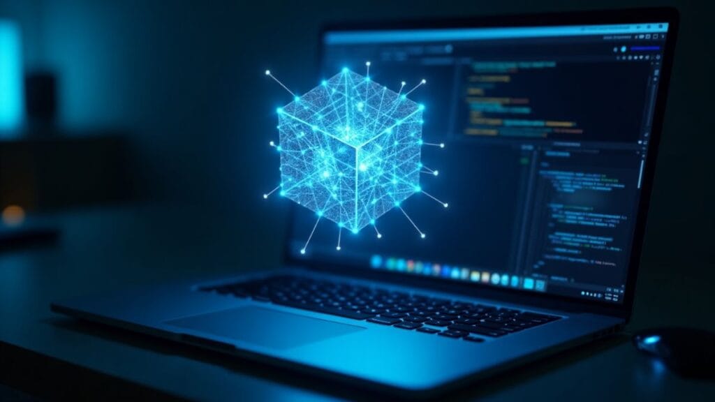 Compact AI neural network hovering above laptop representing Mistral's Devstral open-source model for software development