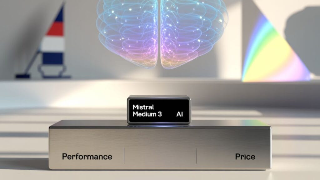 Mistral Medium 3 AI model balancing performance and price with neural network hologram and balanced scale