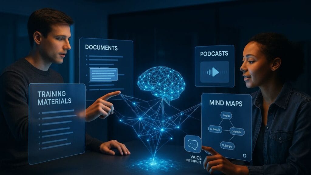 Interactive AI knowledge space showing NotebookLM transforming documents into training tools with neural network visualization