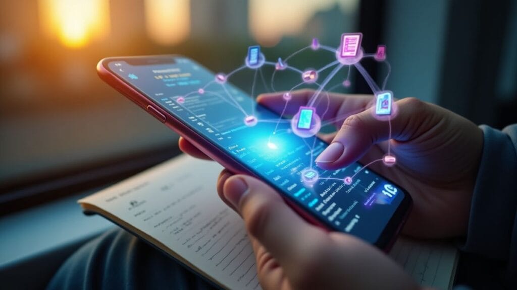 Person using NotebookLM mobile app with AI knowledge visualization flowing from smartphone screen