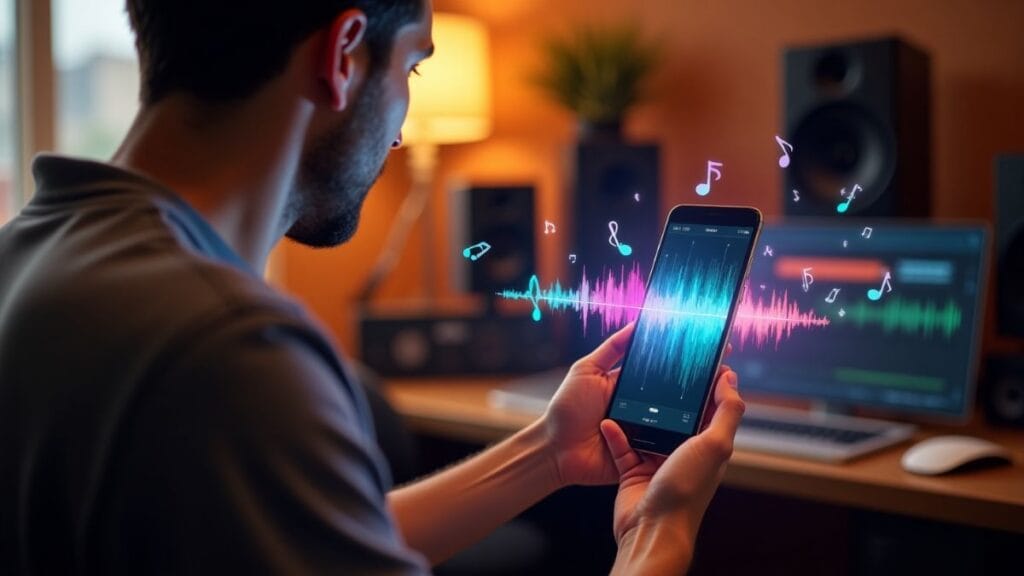 Smartphone generating audio waveforms and musical elements using on-device AI technology in recording studio environment