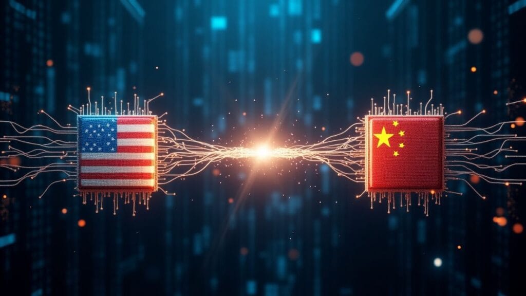 Two advanced AI processor chips representing US and China connected by merging neural networks symbolizing the narrowing technological gap in artificial intelligence development