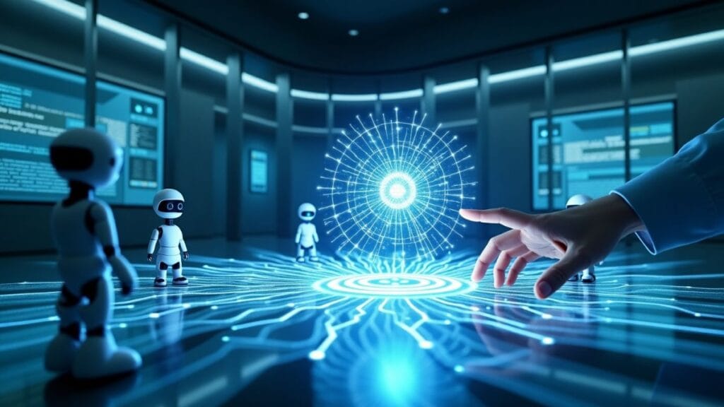 Futuristic AI research laboratory in 2026 showing holographic neural network and advanced robotics with human interaction