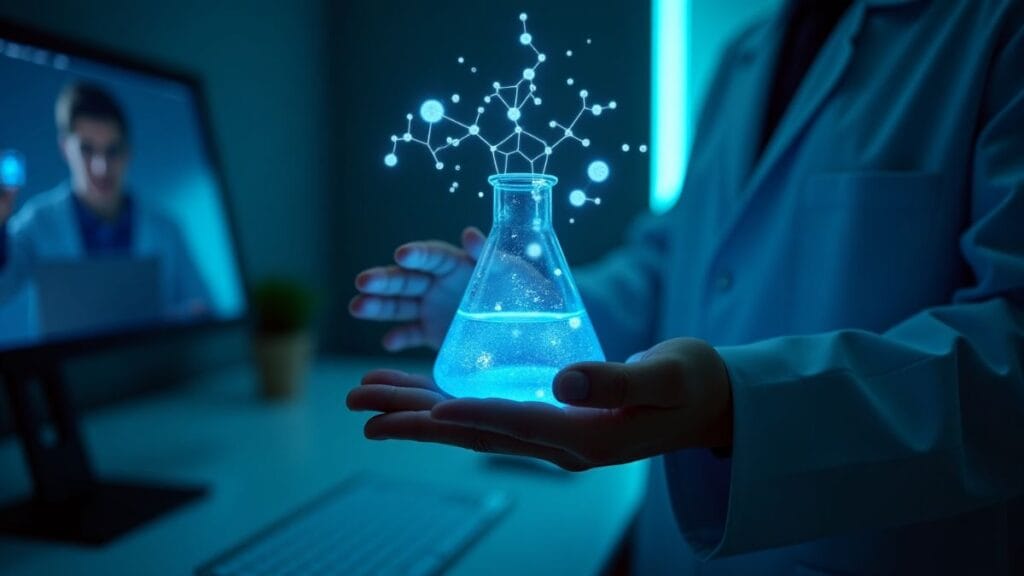 AI-powered scientific research tools with holographic data visualization from FutureHouse laboratory flask